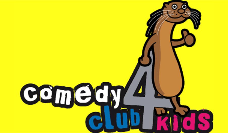 Bright yellow poster featuring an illustrated otter standing atop text reading "comedy club 4 kids" in playful, colorful lettering. Energetic and fun.