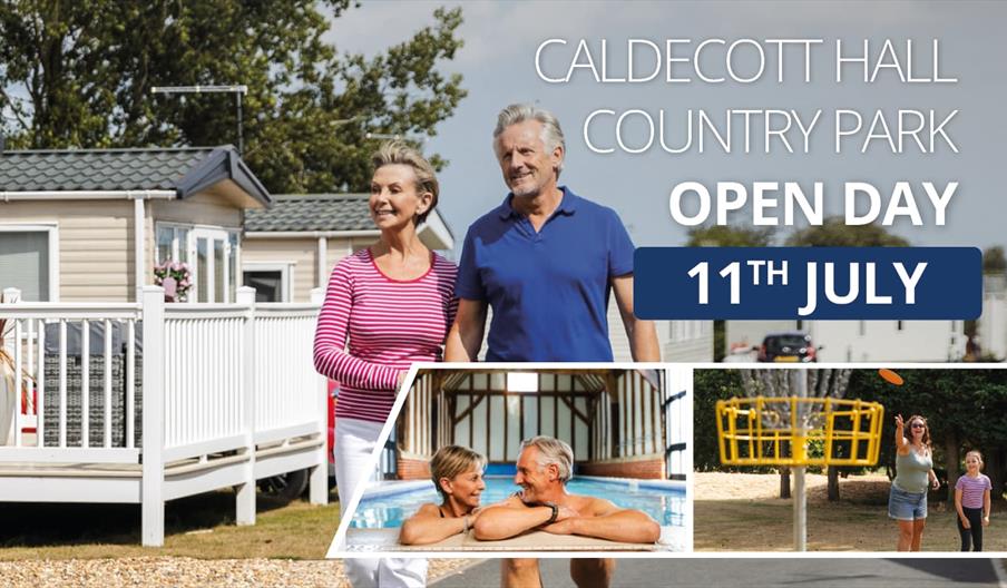 A banner poster promoting open day at Caldecott Hall Country Park, and a couple is strolling along a caravan park.