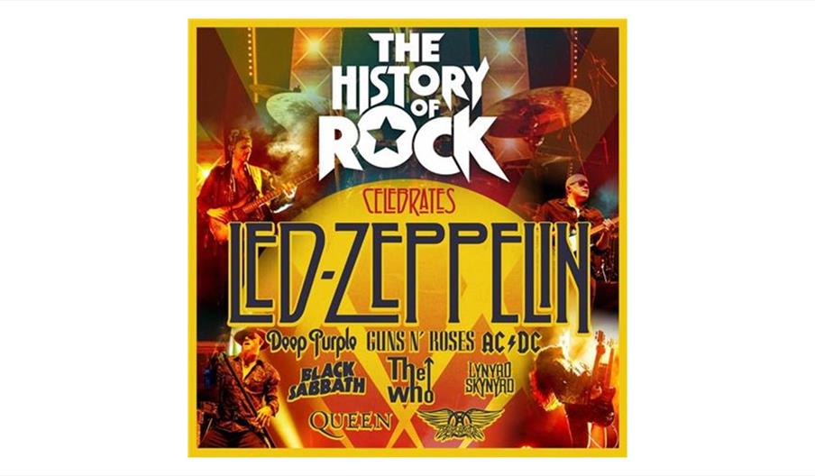 Bold poster for "The History of Rock" featuring "Led Zeppelin" prominently. Includes band names: Deep Purple, Guns N' Roses, AC/DC, and more. Backgrou