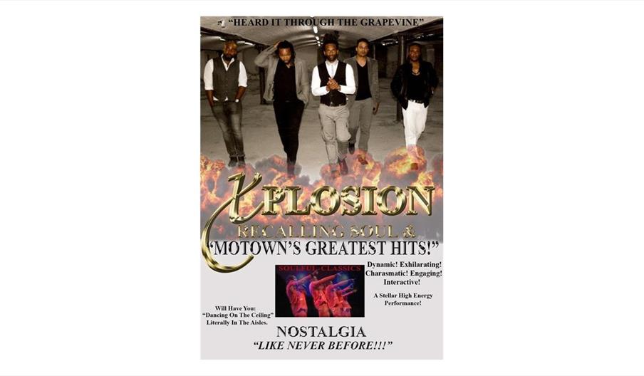 A poster featuring five men walking confidently in a dimly lit space with flames at their feet. Bold gold and silver text reads, "Xplosion: Recalling