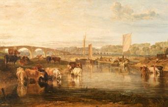 Oil painting showing a river scene with the Walton Bridges in the background and in the foreground, cattle peacefully drinking and wading in the river
