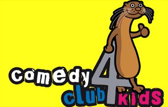 Bright yellow poster featuring an illustrated otter standing atop text reading "comedy club 4 kids" in playful, colorful lettering. Energetic and fun.