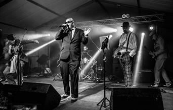 A black-and-white image of a lively band performance on stage. A singer in a suit passionately holds the microphone. Next to him, a saxophonist in pla