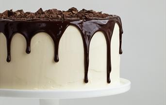 White cake on stand with melted dark chocolate topping