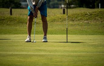 Man in blue shorts about to putt golf ball