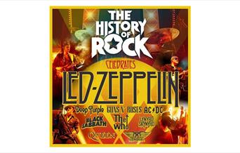 Bold poster for "The History of Rock" featuring "Led Zeppelin" prominently. Includes band names: Deep Purple, Guns N' Roses, AC/DC, and more. Backgrou