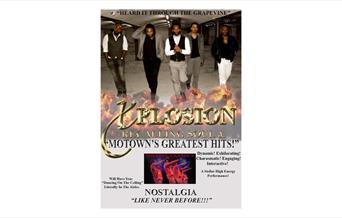 A poster featuring five men walking confidently in a dimly lit space with flames at their feet. Bold gold and silver text reads, "Xplosion: Recalling