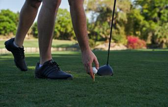 Man placing golf ball on tee