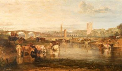 Oil painting showing a river scene with the Walton Bridges in the background and in the foreground, cattle peacefully drinking and wading in the river